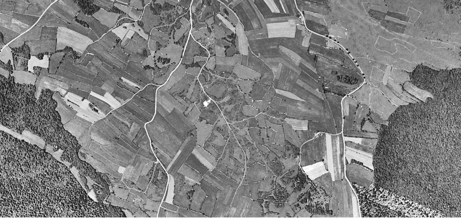 1962 : au sud de la Marre, les parcelles agricoles sont séparées par des murgers (lignes blanches visibles en vue aérienne). 