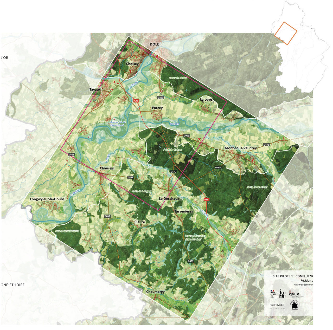 Carte de localisation du site pilote 1 - la Confluence entre le Doubs et la Loue