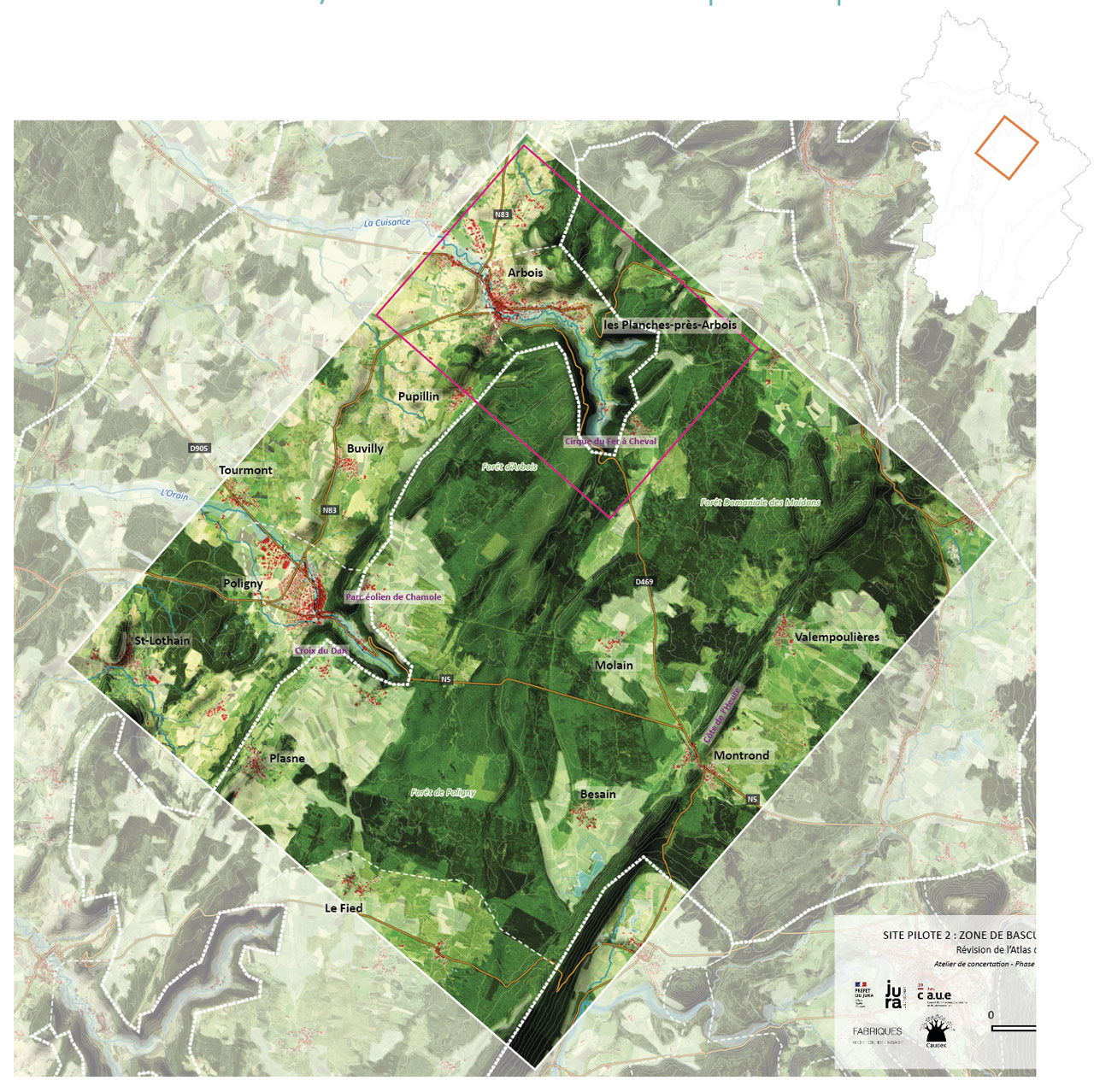 Carte de localisation du site pilote 2 - Zone de bascule entre plaine et plateau
