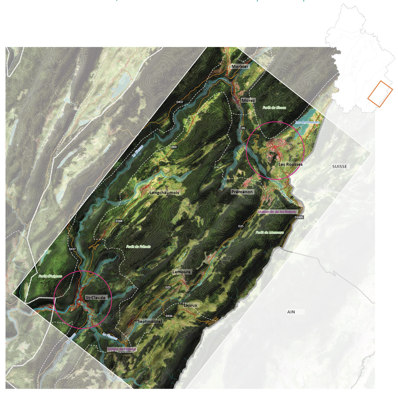 Carte de localisation du site pilote 3 - Jura Plissé des Grands Monts